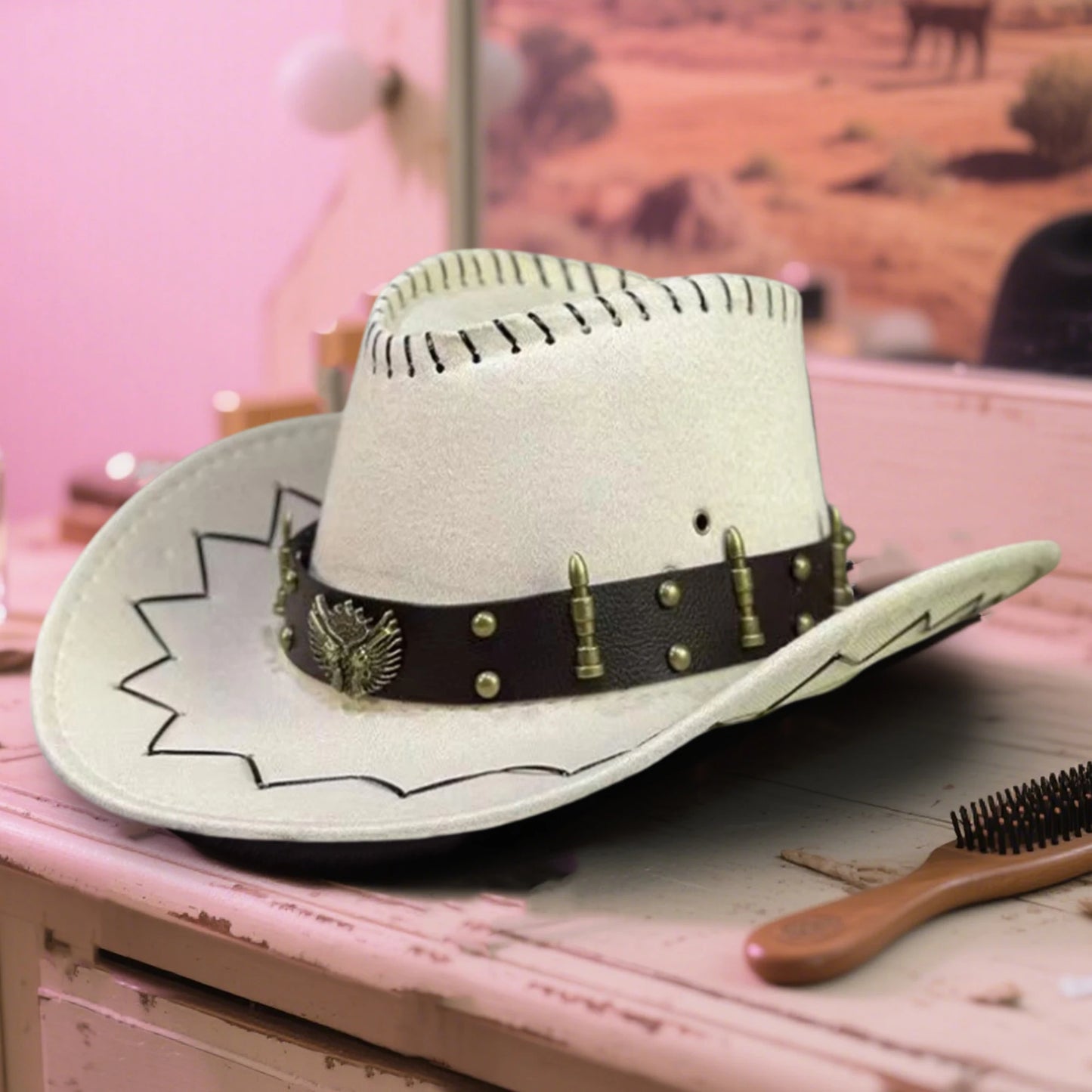 Vintage Rodeo Cowboy Hat for Ladies Gentlemen Gun Holster Wide Brim Wild West Cap with Adjustable Chin Strap and Sun Protection