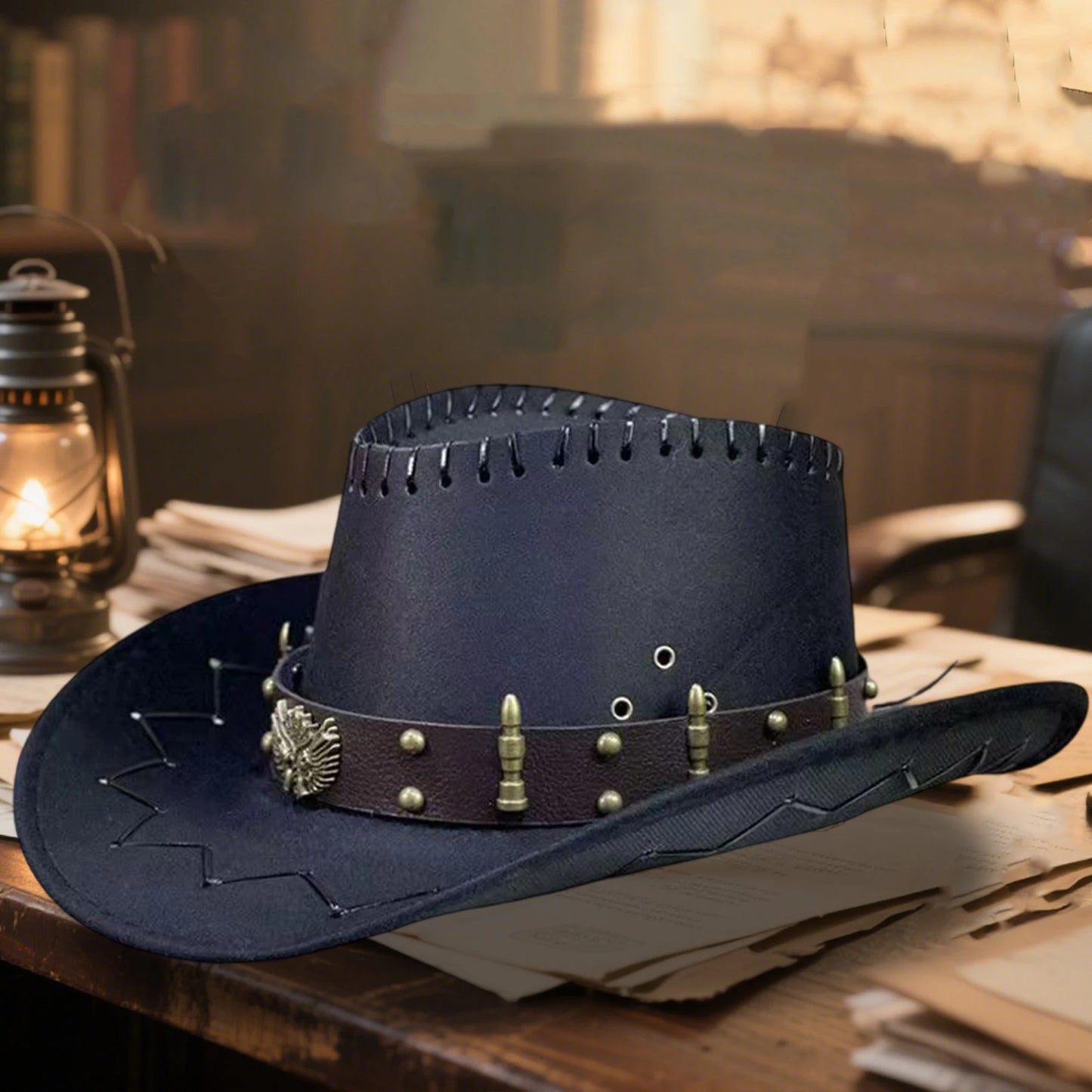 Vintage Rodeo Cowboy Hat for Ladies Gentlemen Gun Holster Wide Brim Wild West Cap with Adjustable Chin Strap and Sun Protection