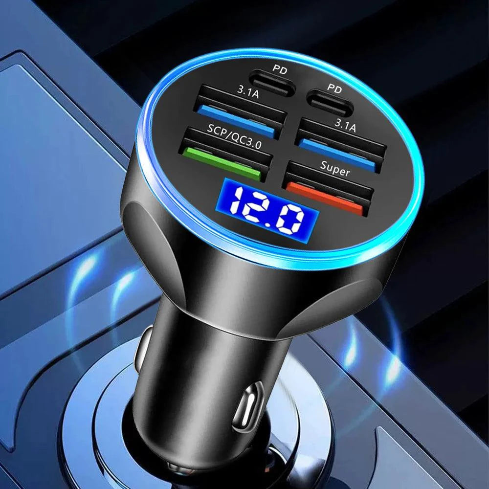 66-250W PD Car Charger QC3.0 Fast Charge with Digital Display 4USB and 2PD Ports for Car Cigarette Lighter Plug - MANDOTOS