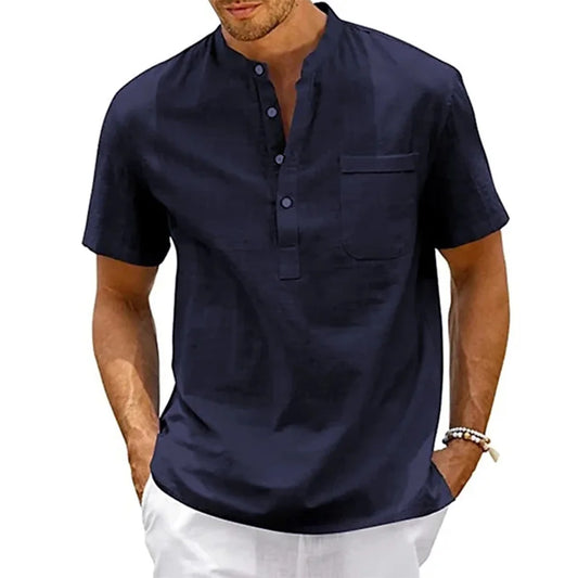 Cotton Linen Shirt Men Henley Neck Pocket Casual Beach Short Sleeve Solid Color Male Tops T-shirts Vintage Streetwear - MANDOTOS