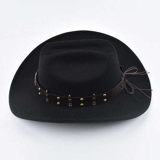 Men Women Western Cowboy Hat with Leather Vintage Big-edge Gentleman Cowgirl Hat Cloche Church Caps