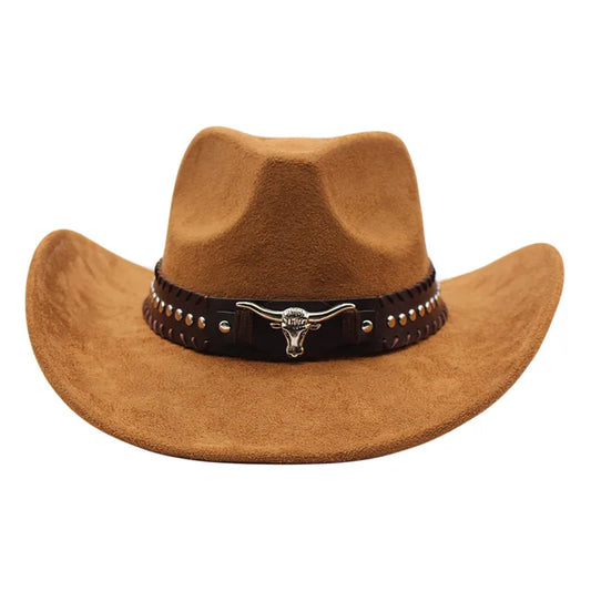 Western cowboy hat with bullhead rivets, curved brim, windproof rope, and felt for outdoor riding and jazz hats