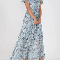 Women Elegant Ruffle Short Sleeve V Neck Pullover Dresses Sweet Style Small Flower Print High Waist Dress Female New Casual Gown