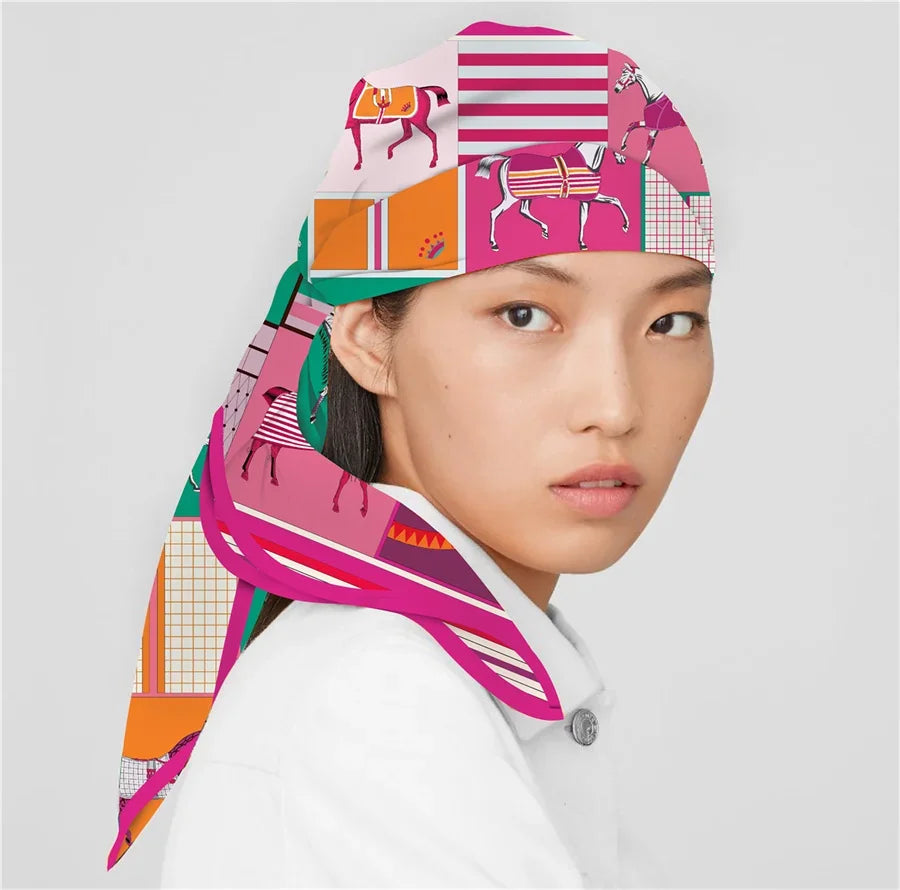 90x90cm New Design Horse Universe Printed Twill Silk Scarf Square Scarves Lady Wraps Kerchief Woman Neck Shawl Wraps