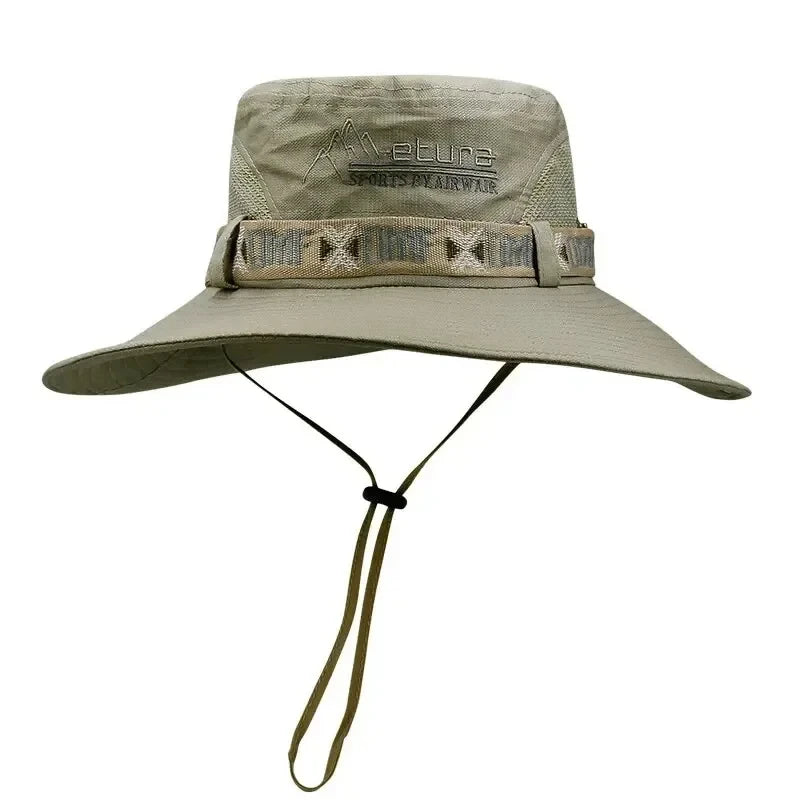 Summer Men's Wide Brim Bucket Hat UV Protection Panama Style Mesh Fisherman Beach Sun Hat for Outdoor Hunting Hiking