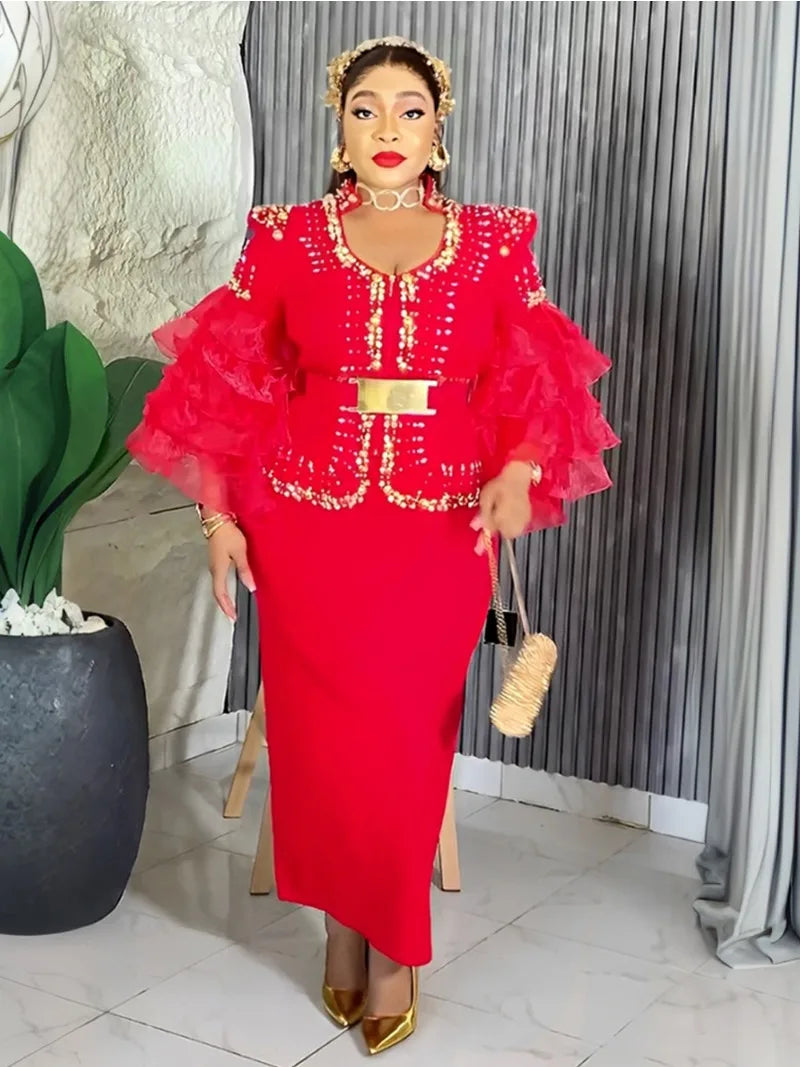 Customized Elegant Dress Women for Wedding Party Summer Autumn African V-neck Long Sleeve Evening Long Maxi Dress Gowns Africa C