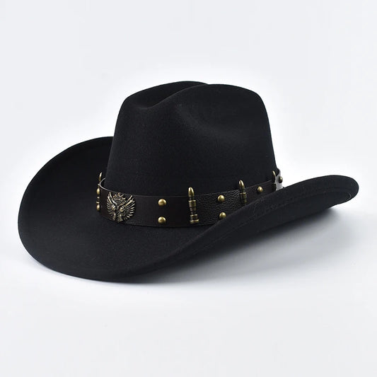 Men Women Western Cowboy Hat with Leather Vintage Big-edge Gentleman Cowgirl Hat Cloche Church Caps