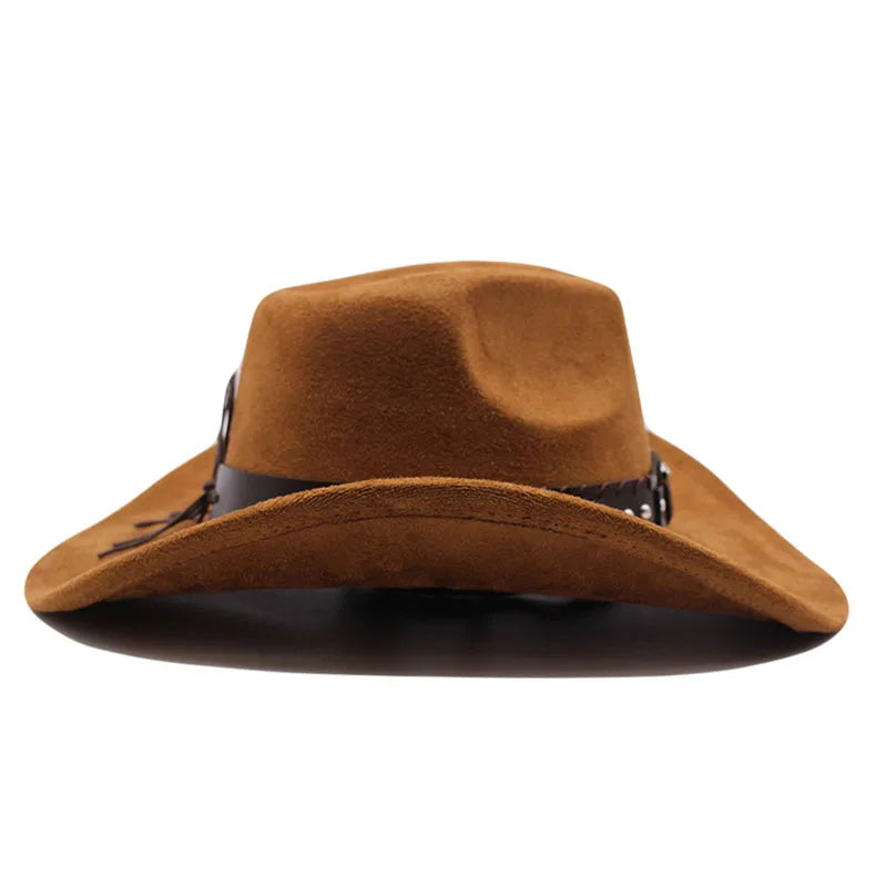 Western cowboy hat with bullhead rivets, curved brim, windproof rope, and felt for outdoor riding and jazz hats