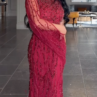 Faramah Drape Sleeves Embellished Fitted Sequin Modest Evening Dress