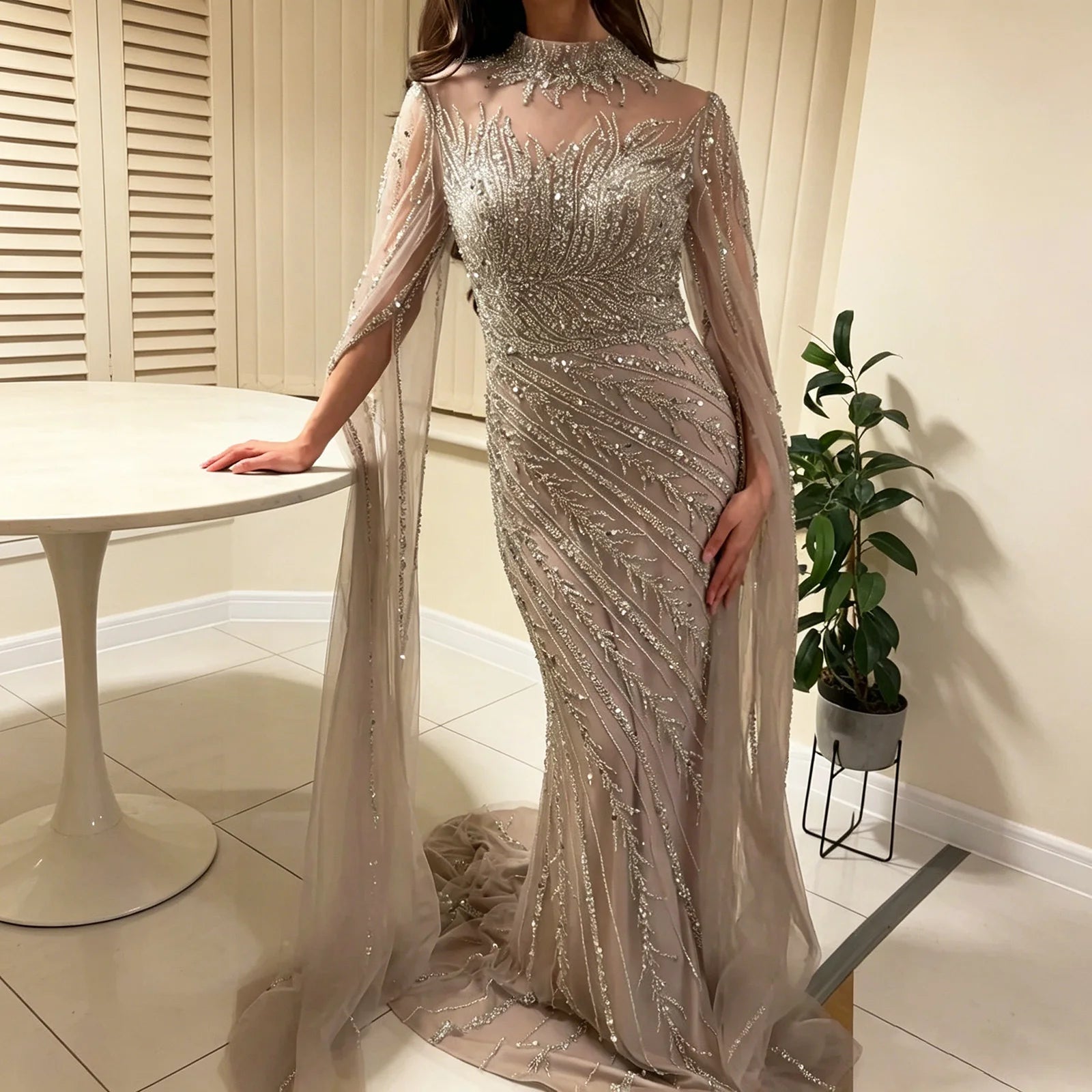 Eshaut&bridal Luxury Beaded Evening Dress Cape Sleeve Dubai Sheer Neck Mermaid Formal Prom Wedding Party Gown Customized 2026
