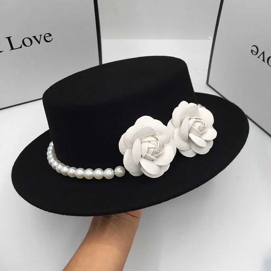 Women Wool Boater Hat Pearl Flower Decor Classic Flat Top Fedora Hat Wide Brim Church Derby Cap,French British Style