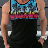 Hawaiian Style Palm Print Men's Tank Top for Summer Beach Trips - MANDOTOS INTERNATIONAL