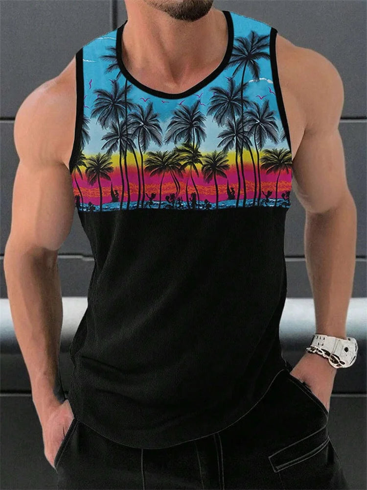 Hawaiian Style Palm Print Men's Tank Top for Summer Beach Trips - MANDOTOS INTERNATIONAL