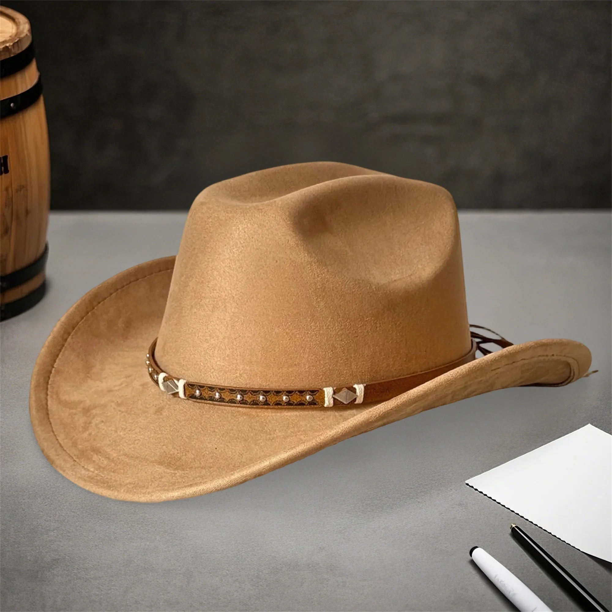 Stylish Unisex Cowboy Hats with Embellished Band Trendy Wide Brim Fedora Caps for Stylish Outdoor Adventures and Travel