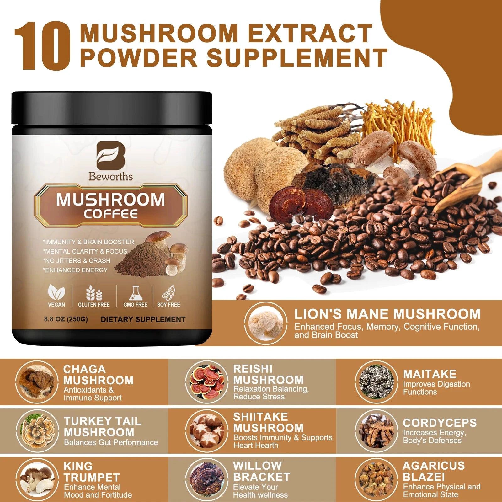 Mushroom Coffee - 10 Mushroom Extract Blend for Energy & Immunity - MANDOTOS