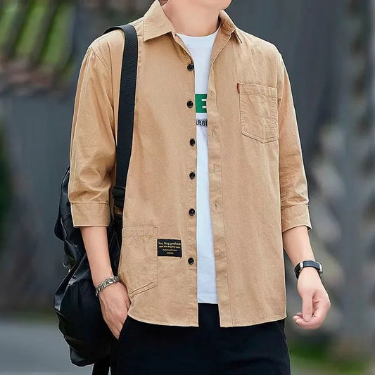 Men shirts Summer Men's clothing Short-Sleeved shirts & blouses Daily Solid Color Stand-Up Collar Casual Beach Style Male Shirt - MANDOTOS