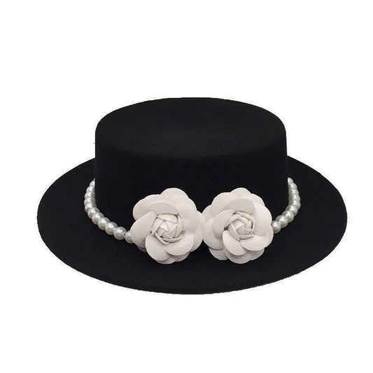 Women Wool Boater Hat Pearl Flower Decor Classic Flat Top Fedora Hat Wide Brim Church Derby Cap,French British Style