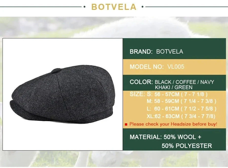 Wool Bleed Herringbone Tweed Newsboy Cap Men 8-Panel Cabbie Flat Caps Gatsby Driver Beret Hat MANDOTOS