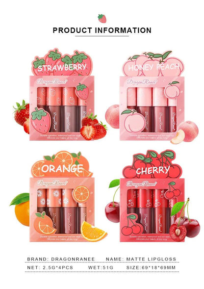 Mini Velvet Matte Lip Gloss Set 4 Piece Long Lasting Non Fading Non Stick Cup Fruit Scented Lip Tint Smooth Lightweight - MANDOTOS