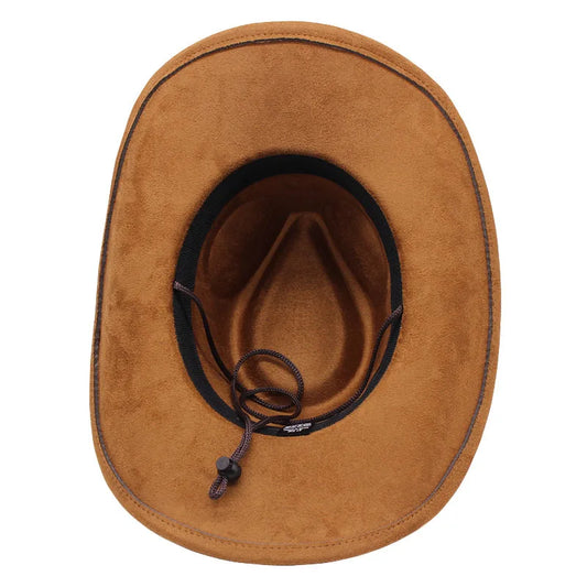Western cowboy hat with bullhead rivets, curved brim, windproof rope, and felt for outdoor riding and jazz hats