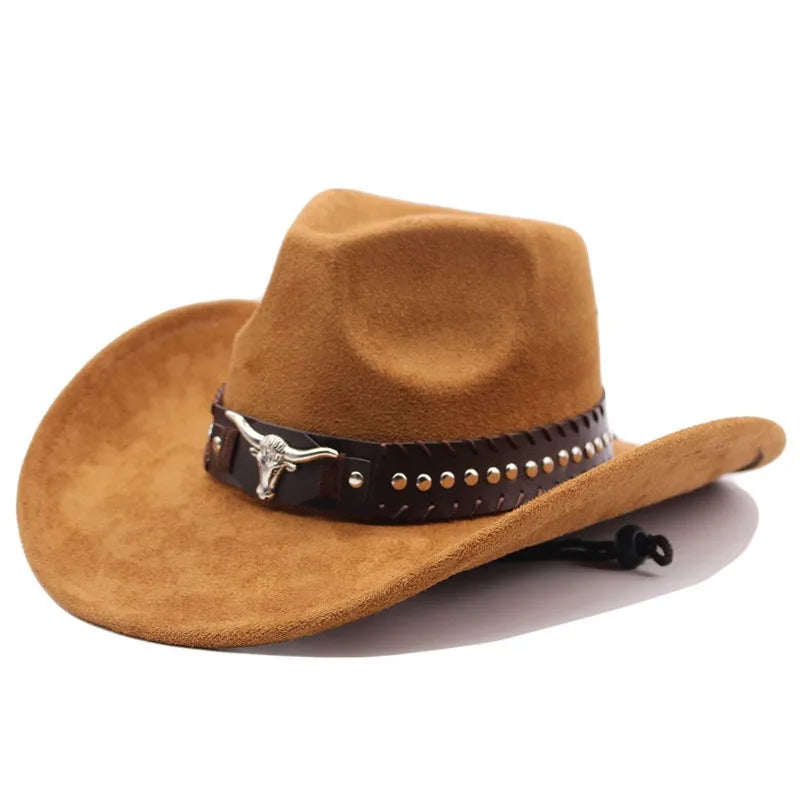 Western cowboy hat with bullhead rivets, curved brim, windproof rope, and felt for outdoor riding and jazz hats