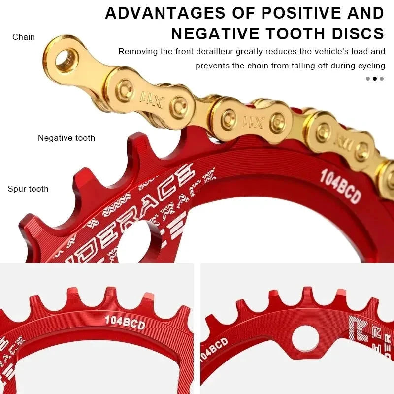 RIDERACE Bicycle Crank Chainring 104BCD Round Shape Narrow Wide 32T/34T/36T/38T Mountain Bike Crankset Chainwheel Single Plate MANDOTOS