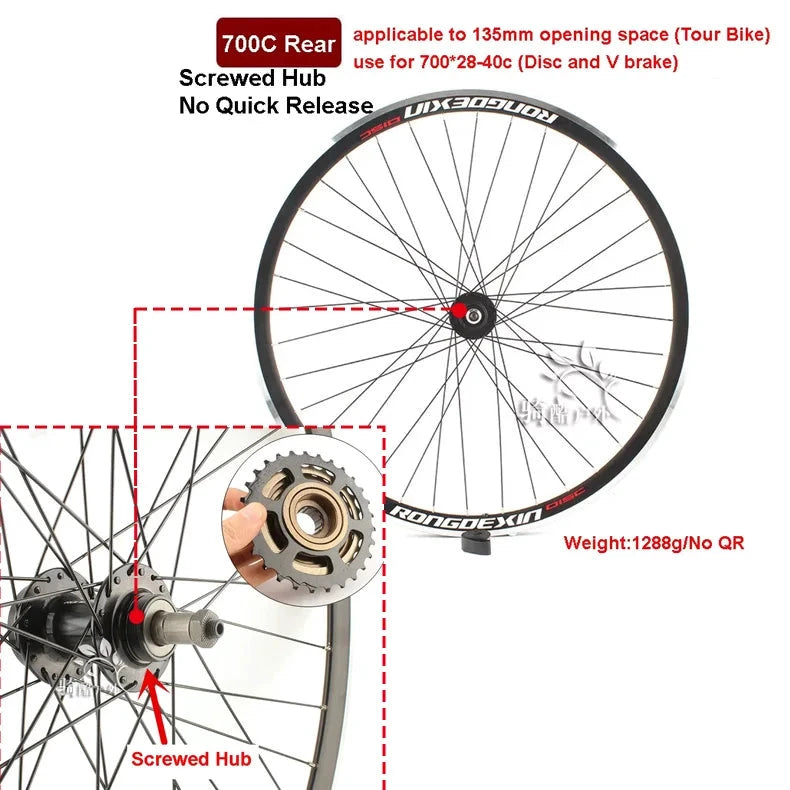 Cruiser Tour Bike Wheelset, Double Deck Rim, Front Wheel Disc, V Brake, Rear Back Wheels, Cassette and Screwed Hub, 36H, 700C MANDOTOS