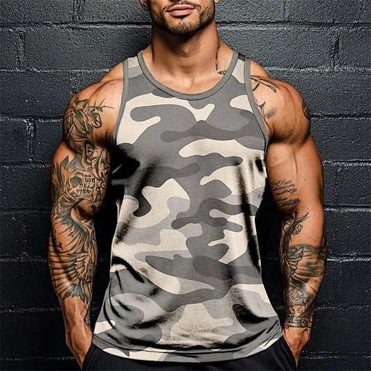 Summer Men Classic Camo Print Fitness Tank Top Gym Sports Loose Breathable Soft Sleeveless Top Fashion Simple Men's Vest Tee MANDOTOS