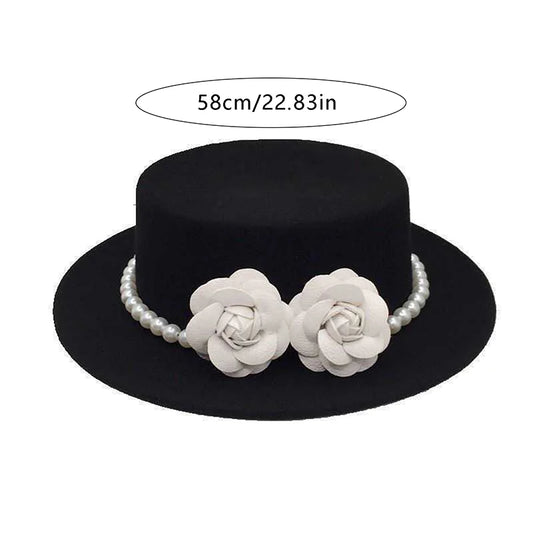 Women Wool Boater Hat Pearl Flower Decor Classic Flat Top Fedora Hat Wide Brim Church Derby Cap,French British Style