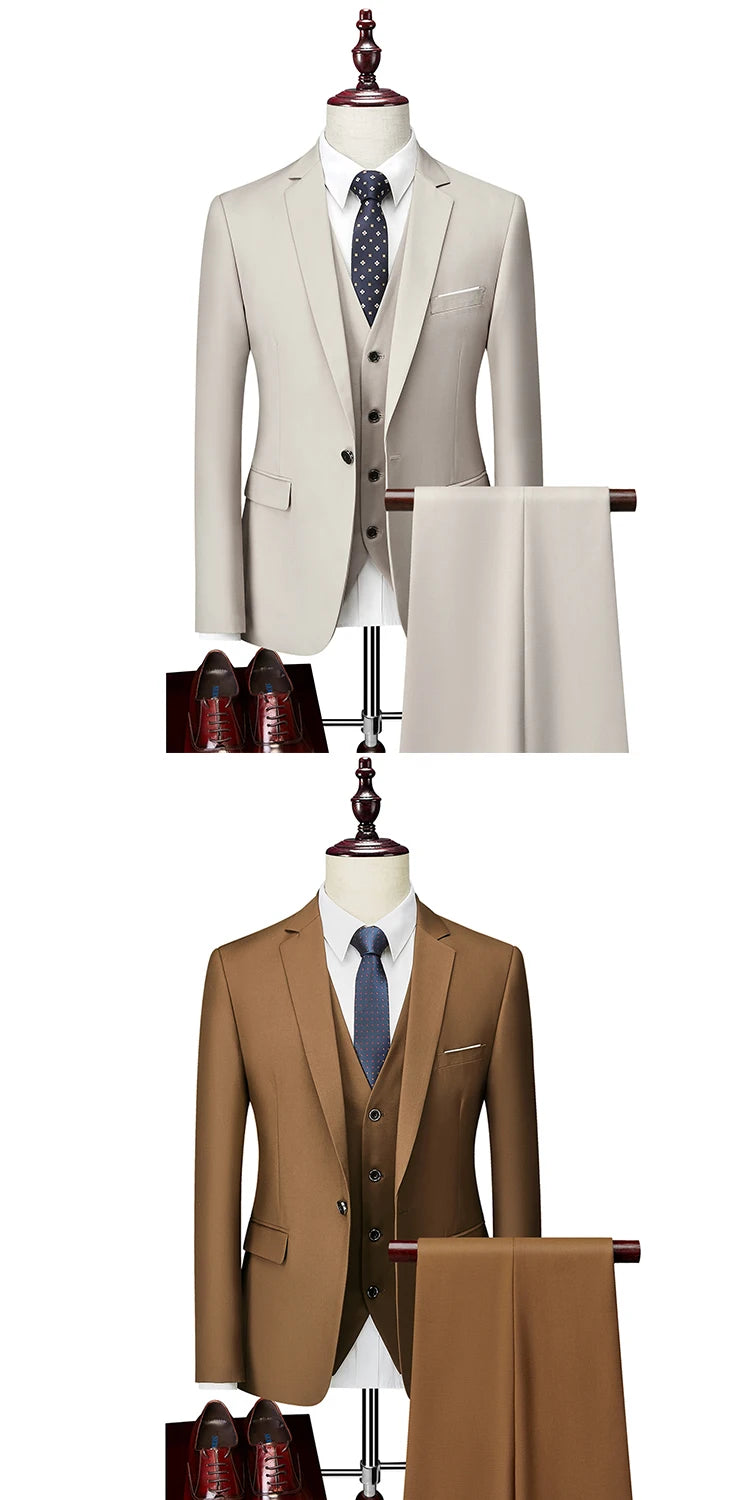 M-6XL 15 Colors ( Jacket+Vest+Pants ) Formal Business Office Men's Suits Groom Wedding Dress Party Dress Solid color Suit