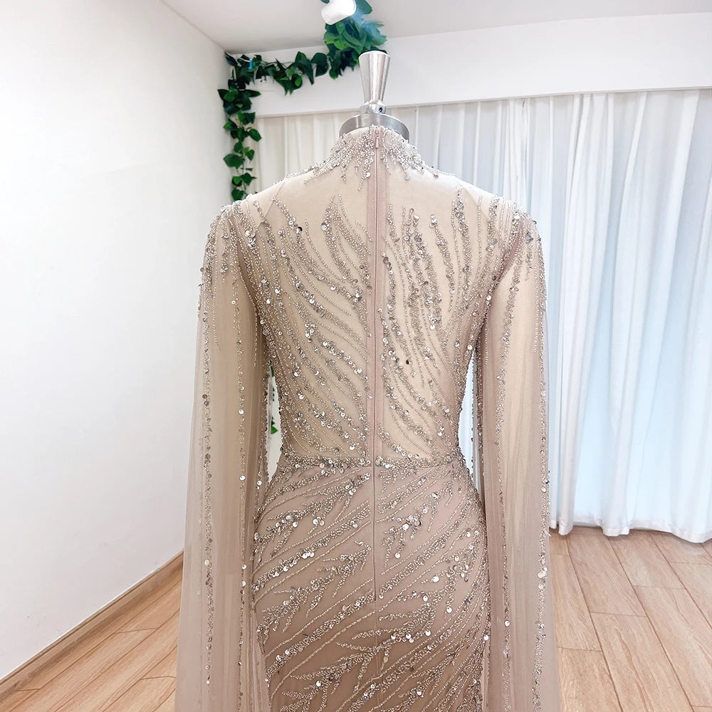 Eshaut&bridal Luxury Beaded Evening Dress Cape Sleeve Dubai Sheer Neck Mermaid Formal Prom Wedding Party Gown Customized 2026