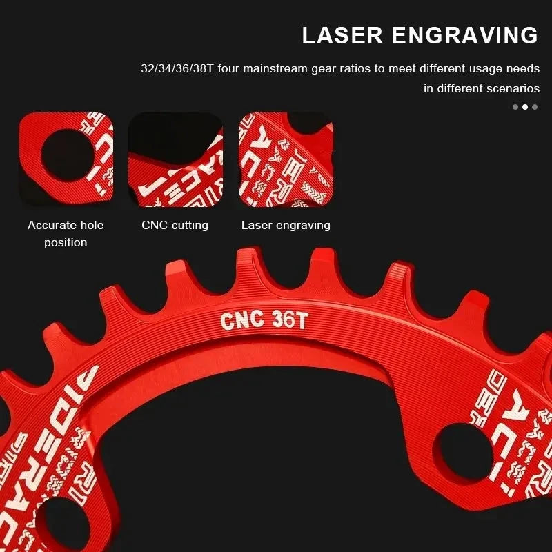 RIDERACE Bicycle Crank Chainring 104BCD Round Shape Narrow Wide 32T/34T/36T/38T Mountain Bike Crankset Chainwheel Single Plate MANDOTOS