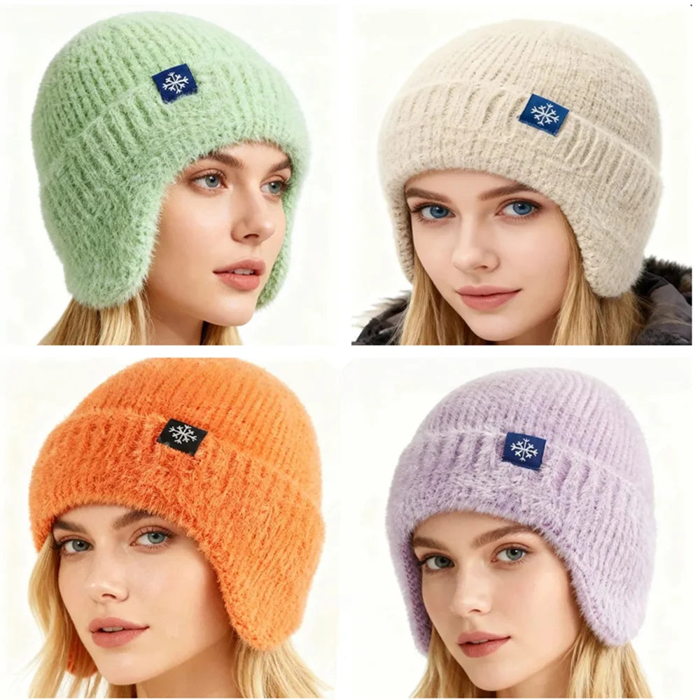 Hot Sale Women Earflap Winter Hat Candy Colors Fashion Faux Fur Knitted Hat Kpop Style Soft Beanie Hats Female Streetwear Cap