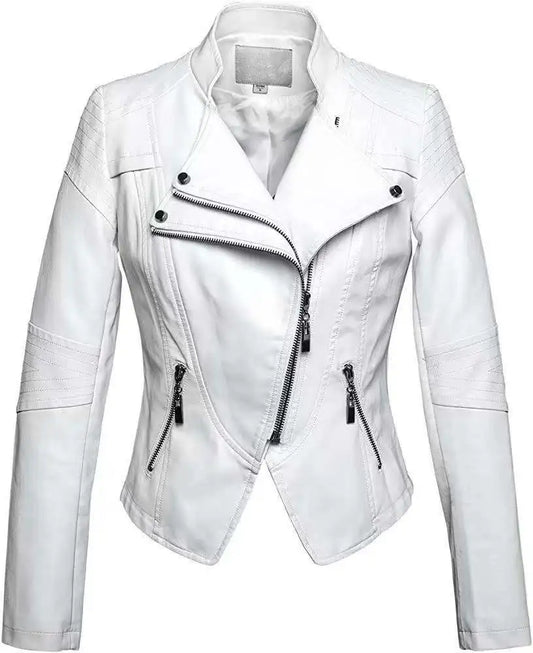 Women's Leather Jacket European and American Fashion Motorcycle Slim Short Leather Jacket Zipper
