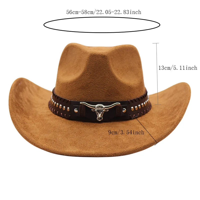 Western cowboy hat with bullhead rivets, curved brim, windproof rope, and felt for outdoor riding and jazz hats