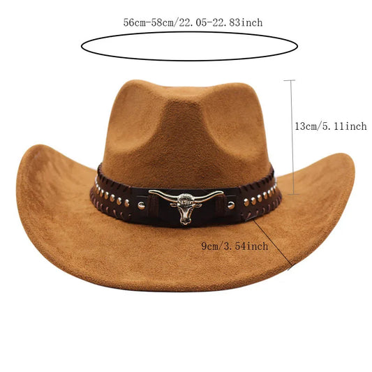 Western cowboy hat with bullhead rivets, curved brim, windproof rope, and felt for outdoor riding and jazz hats