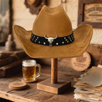 Vintage Style Unisex Cowboy Hat with Bull Head Bead Detail and Wide Brim Fedora for Western Cowgirl Fashionistas