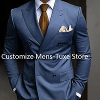 High Quality Brown Men's Suits Double Breasted Bespoke Double Breasted Peaked Lapel Formal Blazer Slim Fit 2 Piece Jacket Pants