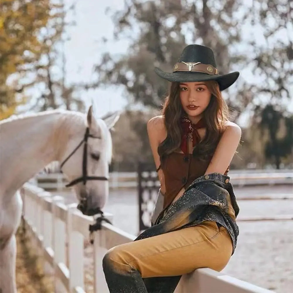 Fashion Bull Head Buckle Western Cowboy Hat Vintage Retro Faux Leather Cowboy Hat Jazz Hat For Men Women Unisex