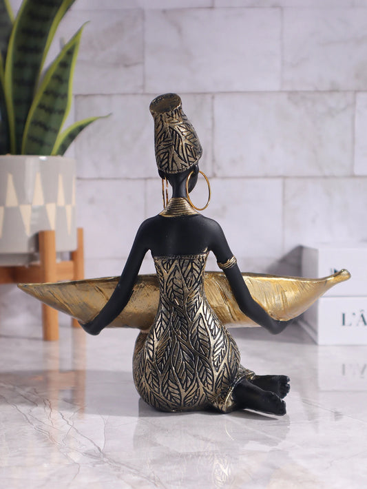 African Girl Holding a Plate Sculpture, Home and Office Decorative Storage Ornament, Vintage Collectible Craft Deskt Decor