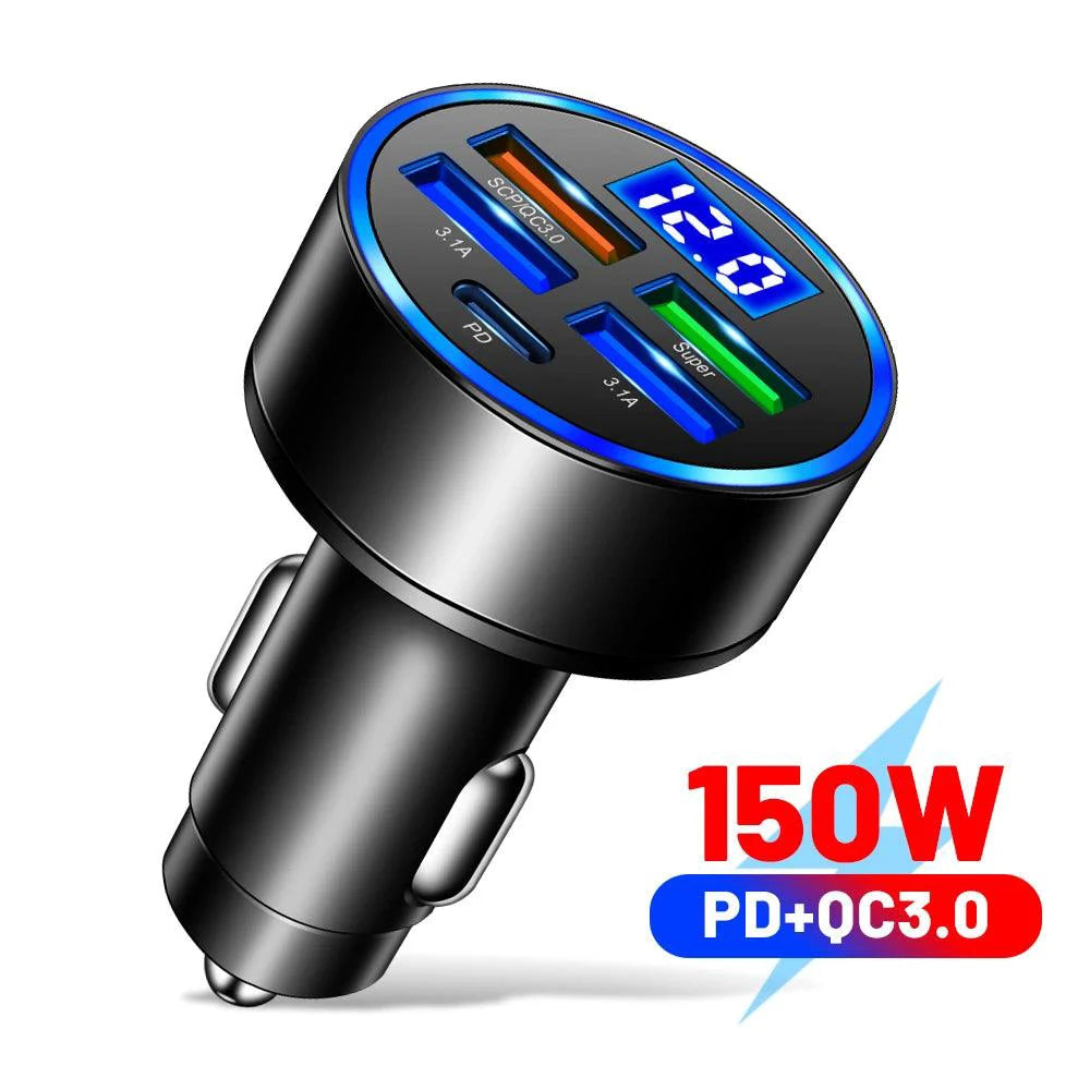 66-250W PD Car Charger QC3.0 Fast Charge with Digital Display 4USB and 2PD Ports for Car Cigarette Lighter Plug - MANDOTOS