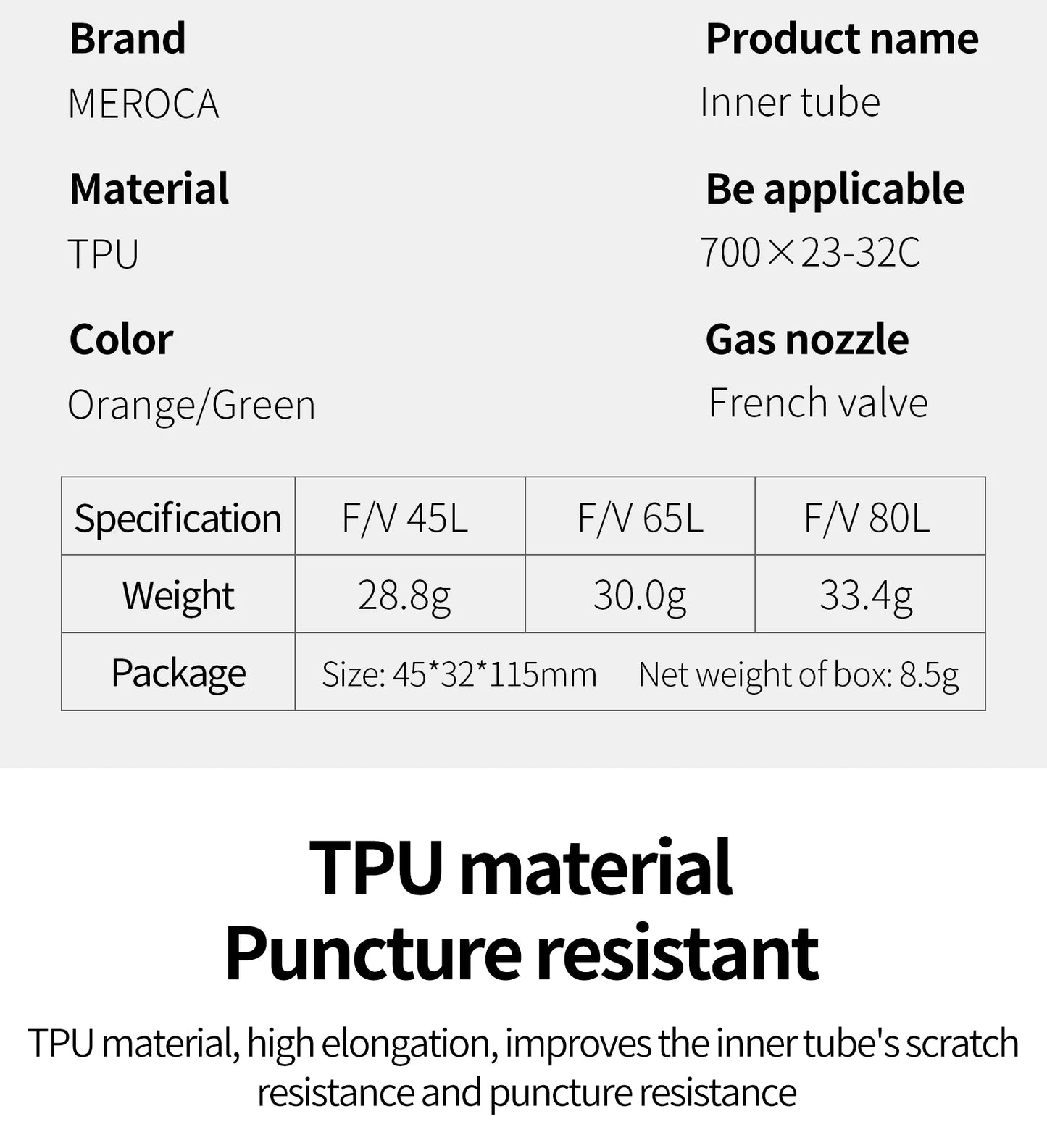 MEROCA Road Bike TPU Inner Tube 700x23-32C FV 45L/65L/80L Ultra-light Road Bicycle Inner Tube