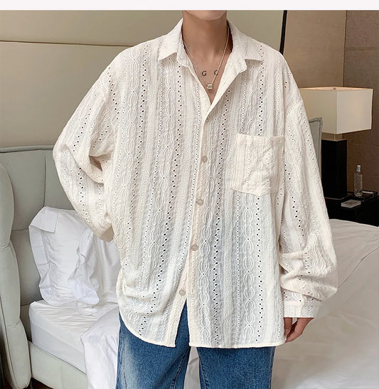 Shirts for men Apricot Handsome Lapel Men Blouse Vacation Hollow Out Sexy Fashion Men Clothing Male Mesh Long-sleeved Shirts - MANDOTOS