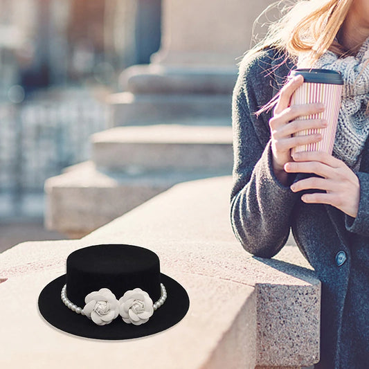 Women Wool Boater Hat Pearl Flower Decor Classic Flat Top Fedora Hat Wide Brim Church Derby Cap,French British Style