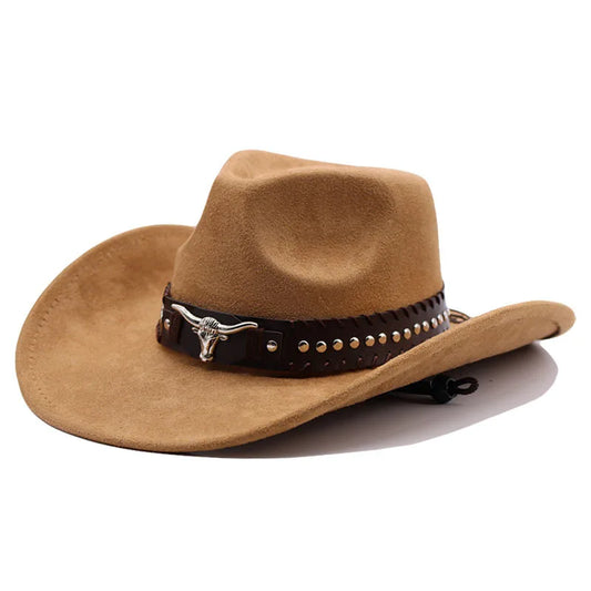 Western cowboy hat with bullhead rivets, curved brim, windproof rope, and felt for outdoor riding and jazz hats