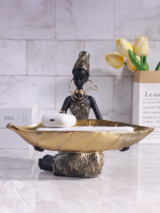 African Girl Holding a Plate Sculpture, Home and Office Decorative Storage Ornament, Vintage Collectible Craft Deskt Decor