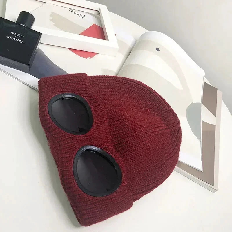 Mandotos Brimless Hat With Goggles For Unisex Winter Wear Skull Knit Gray Warm Beanie - MANDOTOS