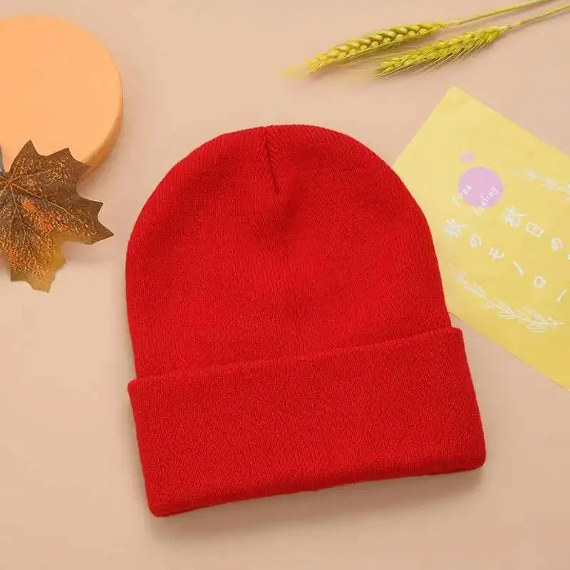 Women Men Fluorescent Color Warm Beanie Hat Autumn Winter Stretch Knitted Crochet Beanies Hat Cap Black Red White Navy Pink