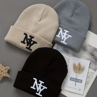 1/2/3pcs Unisex Winter Beanie Hats, Solid Color Knitted Warm Outdoor Caps with Embroidered Hand Washable