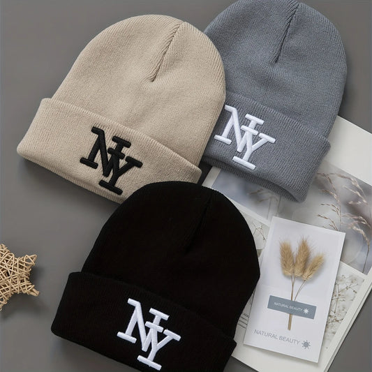 1/2/3pcs Unisex Winter Beanie Hats, Solid Color Knitted Warm Outdoor Caps with Embroidered Hand Washable